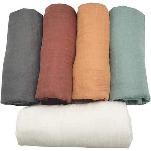 5 pcs Soft Organic Cotton Muslin Swaddle Blankets Premium Receiving Blanket for Boys & Girls 47" x 47" Solid Color (New Surprise)