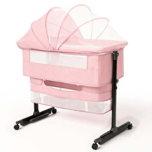 Baby Bassinet, 3-Level Adjustable Height with Wheels & Storage Basket, Breathable Mosquito Net,for Newborns and Infants,Pink