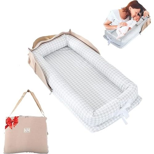 Baby Lounger for Newborn Portable Bag,Baby Nest Play Gym mat with Strap,Newborn Lounger Adjustable Size & Inner Zipper Lengthen Space to 24 Months(Gray Thousand Bird Check)