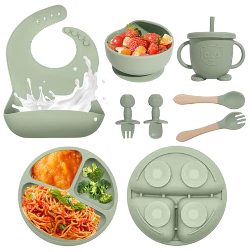 Baby Led Weaning Supplies, 8 Piece BPA-Free Silicone Feeding Set, Silicone Suction Bowl, Forks & Spoons, Bib & Cup, Develops Self Feeding Skills, Dishwasher Safe, for 6+ Months (Green)