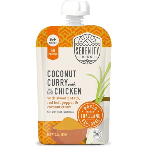 Serenity Kids 6+ Months World Explorers Baby Food Pouch Puree Made with Ethically Sourced Meats & Organic Veggies - 3.5 Ounce BPA-Free Pouch - Chicken Coconut Curry - 12 Count Organic Baby Food