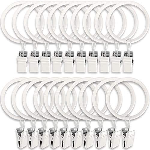 LLPJS 20 Pack Metal Curtain Rings with Clips, Curtain Clip Rings Hooks for Hanging Drapery Drapes Bows, Curtain Rod Rings 1.5 inch Interior Diameter, White