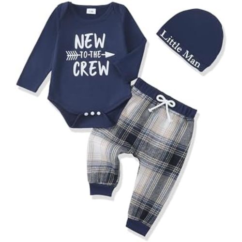Renotemy Newborn Baby Boy Fall Clothes, Long Sleeve Letter Printed Rompers Plaid Pants Hat Outfits Clothing Set 0-18 Months