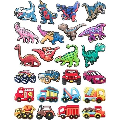 Car & Dinosaur Shoe Charms for Boys Girls Kids & Teens : 24 PCS Shoe Decoration Accessories Pins with Dino,Construction Truck for Clogs – Party Favors & Holiday Gift Idea
