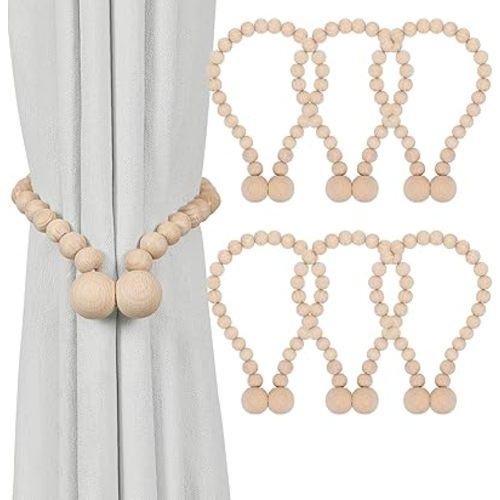KLOGTSIND Magnetic Curtain Tiebacks, Curtain Tie Backs for Curtains 6 Pack, Wood Bead Curtain Tiebacks, Curtain Holders for Boho Bedroom Decor, Baby Nursery Decor, Farmhouse Décor
