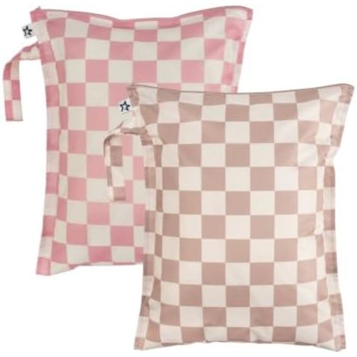 Tiny Twinkle Mess Proof Wet Bags | 2-Pack Reusable Waterproof Wet Bags for Swimsuits | Baby Clothes | Travel & Diaper Bag (Pink, Brown Checkers)