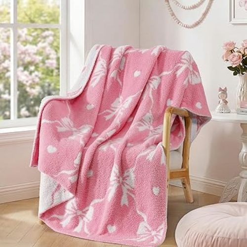 Pink Bow Throw Blanket - Soft Heart Throw for Women Girls Teens Kids as Gifts Cozy Fuzzy Diamond Reversible Pattern Home Decor Blankets for Couch Sofa Bed Camping 50"x60"
