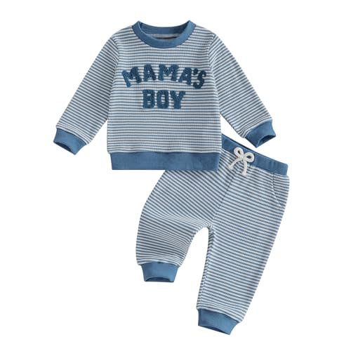 Baby Boy Clothes Fall Mamas Boy Sweatshirt Pants Set | Waffle Knit, Striped, Embroidered, Long Sleeve Pullover Tops, Joggers, Spring, Winter, 0-3 Toddler, Present, 2 Pieces Outfit