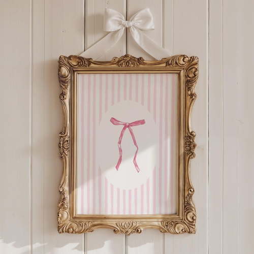 Coquette Pink Ribbon Wall Art, Vintage Nursery Striped Print, Elegant Vintage Bow, Soft Cottagecore Pastel Home Decor UNFRAMED