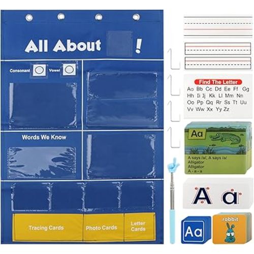 Alphabet Learning Pocket Chart Letter Recognition Tool Alphabet Wall Chart ABC Flash Cards Handwriting Practice Letter Tracing for Homeschool (Color:Bule)