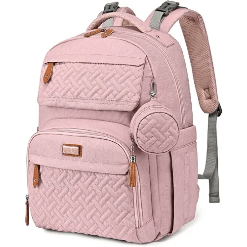 BabbleRoo Diaper Bag Backpack - Travel Large Baby Diaper Bag with Changing pad, Waterproof Baby Bags for Mom & Dad, Unisex Bags with Pacifier Case, Luggage Strap & Stroller Clips– Pink