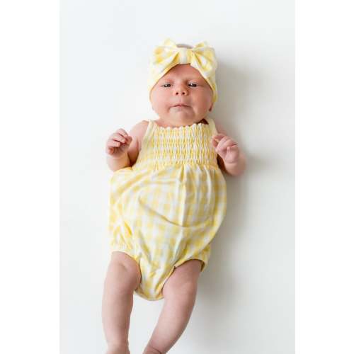 Smocked Bubble Romper in Gingham Chamomile