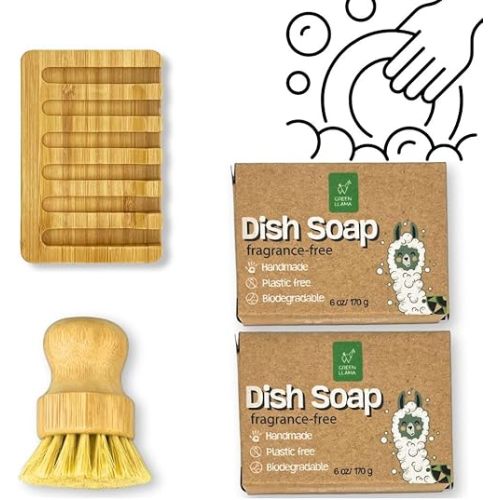 Green Llama Dish Washing Bar Soap Set with 2 Solid Coconut Oil Bars, Sisal Scrub Brush & Bamboo Holder, Fragrance-Free Kitchen Cleaning Set