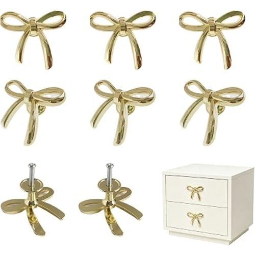 8 Pack Gold Bow Dresser Knobs, Decorative Cabinet Drawer Pulls With Screws