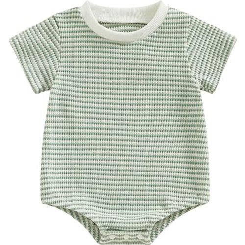 VISGOGO Unisex Baby Boy Girl Striped Romper Waffle Short Sleeve Bubble Oversized Romper Bodysuit Summer Onesie Clothes