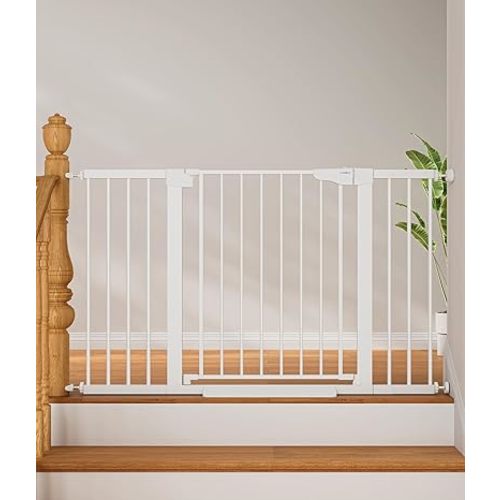 Baby Gate for Stairs, Pressure-Mounted Dog Gates for Doorways & Hallways, Auto-Close Walk-Through, No-Trip Design, Child Proof Safety, Dog/Pet Gate for Indoor Use, White