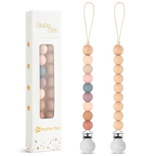 2 Pack Pacifier Clips, Silicone Pacifier Clip for Baby Boys and Girls, Baby Pacifier Strap with Silicone Beads, Soother Dummy Holder, Pacifier Holder, Keeps Pacifier Clean (Blossom/Apricot)