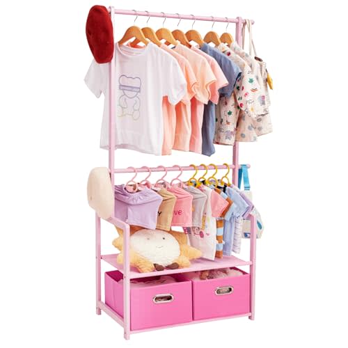 Kids Clothing Rack Bamboo with 2 Storage Baskets and 2 Adjustable Hanging Rods,Child Garment Holder with Shelf, Dress up Stand for Playroom,Toddlers Bedroom (Pink)