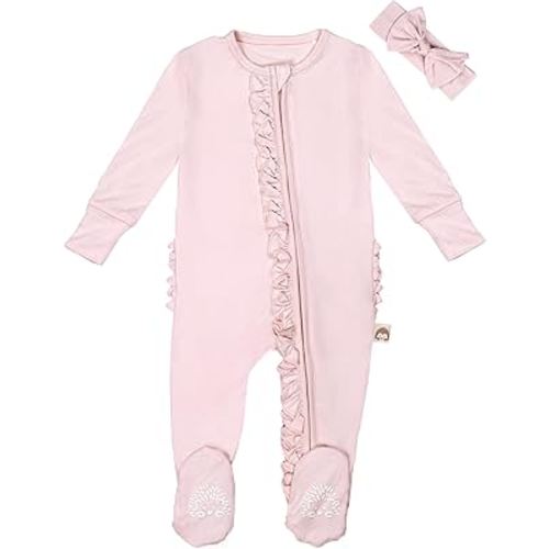 Ruffle Butts Baby Girl 6-9M, Coming Home Outfit Girls, Viscose BabyGirl Clothes, Ruffled Baby Sleepers with Headband, Hospital Outfit Girls (Pink 6-9M Pajama)