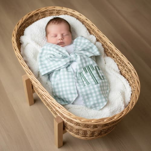 Personalized Newborn Swaddle Sash- Cotton Maternity Sash with Big Bowknot - Custom Sash for Baby Girls & Boys-Newborn Photography Plaid Sage