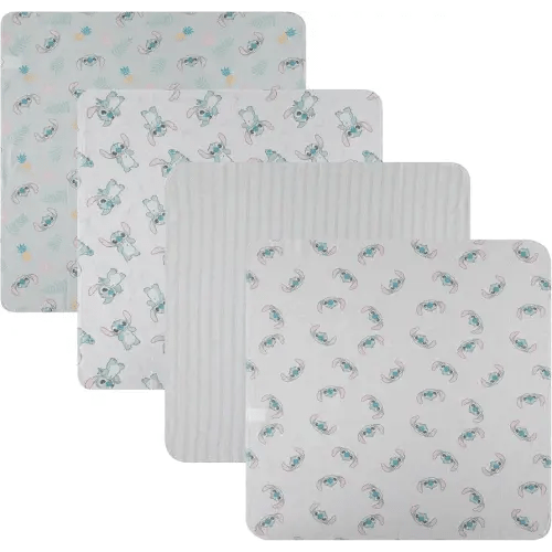 Disney Baby 4-Pack Receiving Blankets — 100% Cotton Flannel, 28" x 28" — Available in Mickey, Minnie, Pooh, Stitch or Angel — Soft Swaddle, Burp & Stroller Blankets — Gift-Ready with Ribbon Bow
