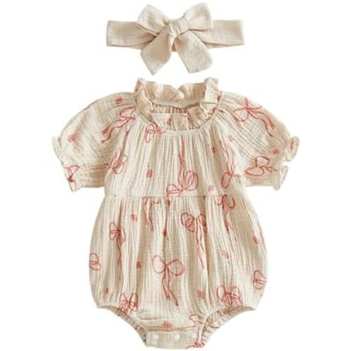 Newborn Baby Girl Clothes Bow Print Smocked Bubble Romper Cotton Linen Ruffle Onesie + Headband Cute Summer Clothes