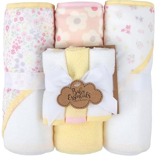 Baby Bath Essential Hooded Baby Bath Towel and Washcloth 6 Piece Set for Newborns, Infants & Toddlers, Boys & Girls Baby Hooded Towels Set (Daisy Flowers)