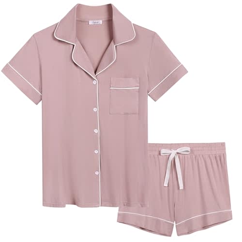 Cherrydew Women Bamboo Viscose Super Soft Comfy Summer Cooling Short Sleeve Button Down Pajama Shorts Set S-XXL