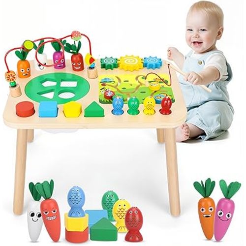 Activity Table, Montessori Toys for 1 2 Year Old Girls Boy Gifts, 7 in 1 Wooden Sensory Play Table for Toddler 1 2 3, Learning Toys for Baby 12-18 Months 1st Christmas Birthday Gifts