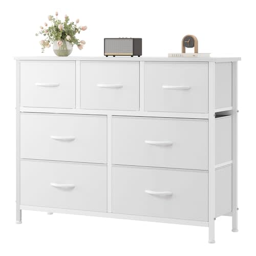 OLIXIS 7 Drawer Fabric Dresser, Storage Tower for Bedroom and Closet | White Easy-Pull Bins for Closet Organizers, Chest of Drawers with Sturdy Steel Frame & Wooden Top for Living Room, Entryway