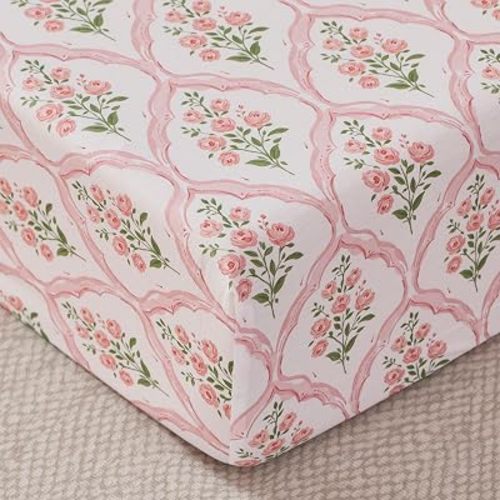 Brandream Organic Cotton Crib Fitted Sheets for Baby Girls Fit Crib/Toddler Bed | French Country Pink Floral Trellis, Grandmillennial Cottagecore Style Super Soft Cotton Baby Nursery Bed Sheet