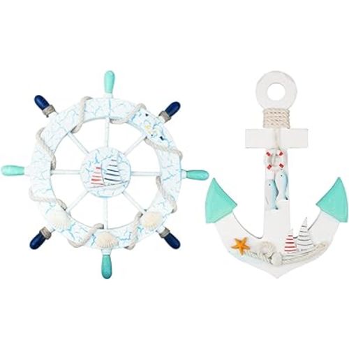 2 Pack 11" Nautical Beach Wooden Ship Wheel and 11" Wooden Anchor with Sailboat Nautical Boat Steering Wheel Rudder Anchor Wall Art Decor Door Hanging Ornament Beach Theme Home Decoration(Light Blue)