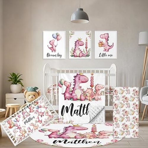 Terwex Custom Baby Crib Bedding Set - 5 Pcs Personalized Name Pink Dinosaurs Crib Set for Infants Toddlers Girls - Soft Double Layer Nursery Bedding Set - Customized Present for Birthday Baby Shower