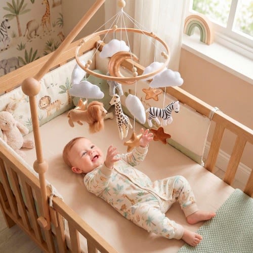 Safari Baby Mobile: Felt Jungle Animals + Wooden Arm + Music Box, Baby Shower Gift, Crib Hanging Toys for Nursery Decor