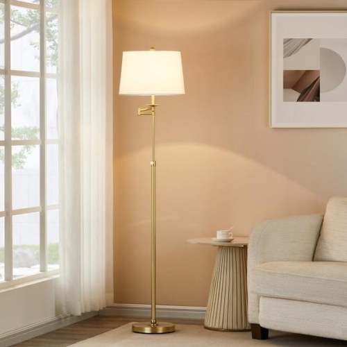 64.5 in. Antique Brass Height Adjustable Swing Arm Floor Lamp with White Shade