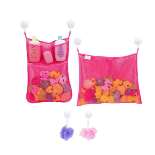 2 x Mesh Bath Toy Organizer + 6 Ultra Strong Hooks – The Perfect Bathtub Toy Holder & Bathroom or Shower Caddy – These Multi-use Net Bags Make Baby Bath Toy Storage Easy – For Kids & Toddlers