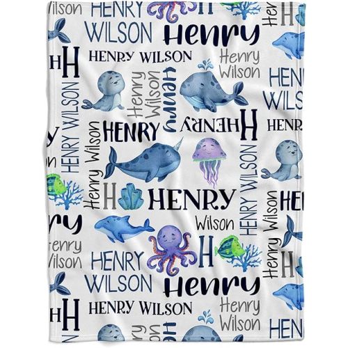 Personalized Marine Ocean Animals Baby Blanket, Marine Ocean Animals Design, Soft Fleece Aquatic Theme Bedding, Custom Name Nursery Decor