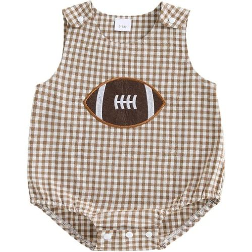 Newborn Baby Boy Football Outfit Rugby Embroidery Sleeveless Bubble Romper Seersucker Stripe Bodysuit Summer Clothes
