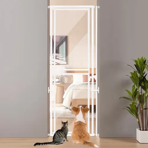 79" High Extra Tall Cat Gate, Clear Acrylic Dog Gate for Doorways Stairs, Fit for 27.5"-31" Wide Openings, No Drilling Pet Proof Safety Gate Indoor Use - White