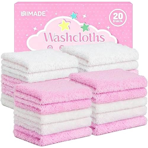 UNIMADE Baby Washcloths, 20 Pack Microfiber Coral Fleece Wash Cloths, Extra Absorbent Baby Towels for Newborns, Infants and Toddlers, Gentle on Sensitive Skin for Face and Body - 7" × 9", White&Pink