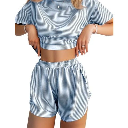 JUSTFASHIONNOW Womens Pajama Sets Shorts Striped Print Two Piece Lounge Sets Crew Neck Sleepwear Split Shorts Set Soft Pjs