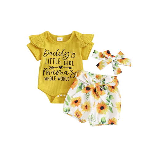 Bslissey Baby Girls 3Pcs Summer Outfits Short Sleeve Letter Print Romper + Flower Belted Shorts + Headband 3M 6M 12M 18M Newborn Infant Cute Short Pants Sets