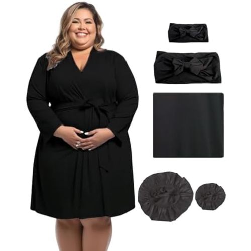 SUFEINI Maternity Robe and Matching Swaddle Blanket Set, Plus Size Women Postpartum Robes Sleepwear New Mommy Gift