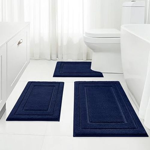HOMEIDEAS Bathroom Rugs Sets 3 Piece, Super Soft and Absorbent Non Slip Microfiber Toilet Bath Mat with U-Shaped (Navy Blue)