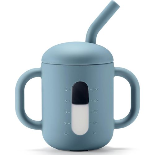 CLYMENE Silicone Training Cup with Straw & Handles | Baby Sippy Cup | Water Drinking Cup for Infants and Toddlers 6 Months+, 6 oz, Misty Blue