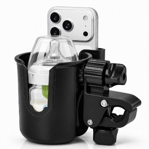 Fosmon Stroller Cup Holder with Phone Holder, Universal Cup Holder Stroller Attachment Organizer, Bike Cup Holder for Walker Stoller Wheelchair, Black