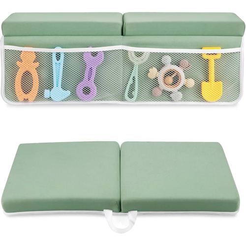 PandaEar Baby Bath Kneeler & Elbow Rest Pad, Comfortable Non-Slip Kneeling Mat Cushion with Toy Organizer Storage Pockets, Foldable Foam Mat for Toddler Bathroom Bathing Time (Green)