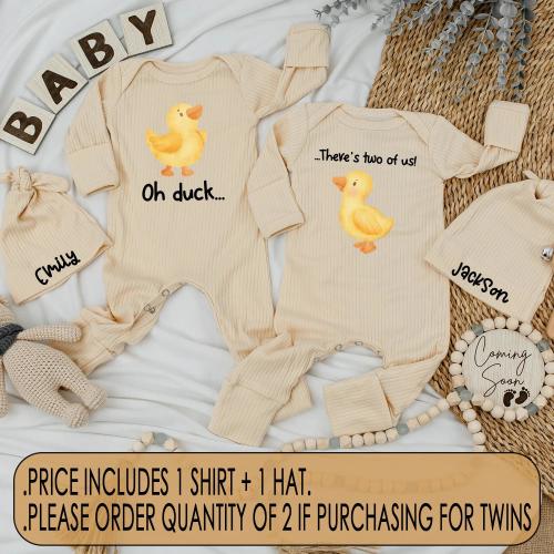 Oh Duck There’s Two of Us Baby Bodysuit, Twins Set Baby Clothes, Funny Chick Baby Shower Gift, Cute Matching Twin Outfits for Newborns