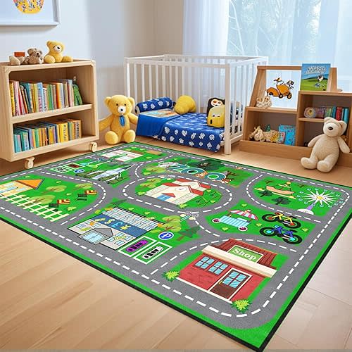 Car Rug Play Mat - Green Road Rug for Kids Boys Room, Fun Race Track Traffic Road Carpet for Boys Playmat Educational Learn, Car Carpet for Kids Room Decor Playmat Bedroom Playroom, 5x7 Feet