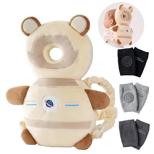 Feidoog Baby Head Protector Cushion Backpack with 3 Knee Pads for Walking & Crawling,Khaki Astronauts
